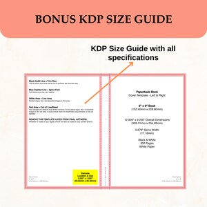 May include: A guide for creating paperback books using Kindle Direct Publishing (KDP). The guide includes the dimensions, spine width, and paper specifications for a 6 x 9 inch book. The guide also includes a diagram showing the trim size, spine fold, live area, and bleed area.