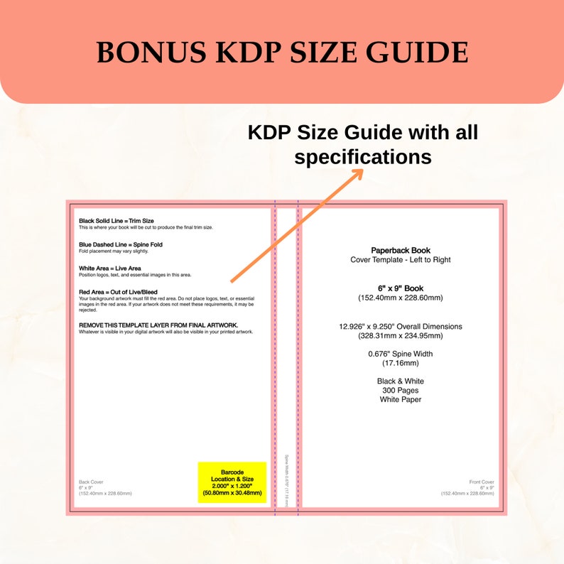 May include: A guide for creating paperback books using Kindle Direct Publishing (KDP). The guide includes the dimensions, spine width, and paper specifications for a 6 x 9 inch book. The guide also includes a diagram showing the trim size, spine fold, live area, and bleed area.