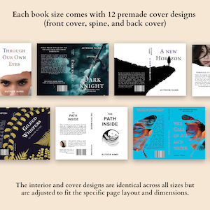 May include: Twelve different book cover designs, each with a unique color scheme and graphic. The covers feature titles like "Through Our Own Eyes", "Dark Knight", "A New Horizon", "Gilded Whispers", "The Path Inside", and "The Call of Air and Water".