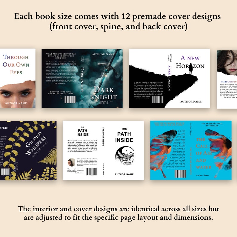 May include: Twelve different book cover designs, each with a unique color scheme and graphic. The covers feature titles like "Through Our Own Eyes", "Dark Knight", "A New Horizon", "Gilded Whispers", "The Path Inside", and "The Call of Air and Water".