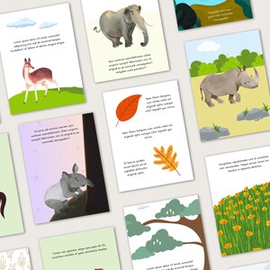 May include: A set of ten illustrated cards featuring various animals, including a deer, elephant, rhinoceros, tapir, and a few leaves. Each card has a different quote or text on it.