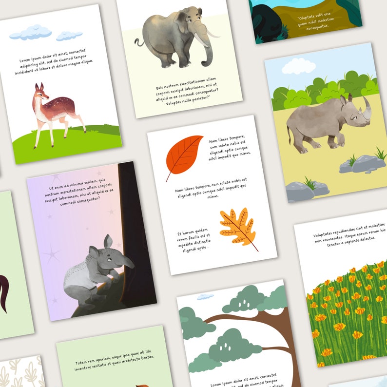 May include: A set of ten illustrated cards featuring various animals, including a deer, elephant, rhinoceros, tapir, and a few leaves. Each card has a different quote or text on it.