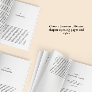 May include: A close-up of a book with the title "The New Rules" on the cover. The book is open to a page with the text "Choose between different chapter opening pages and styles".