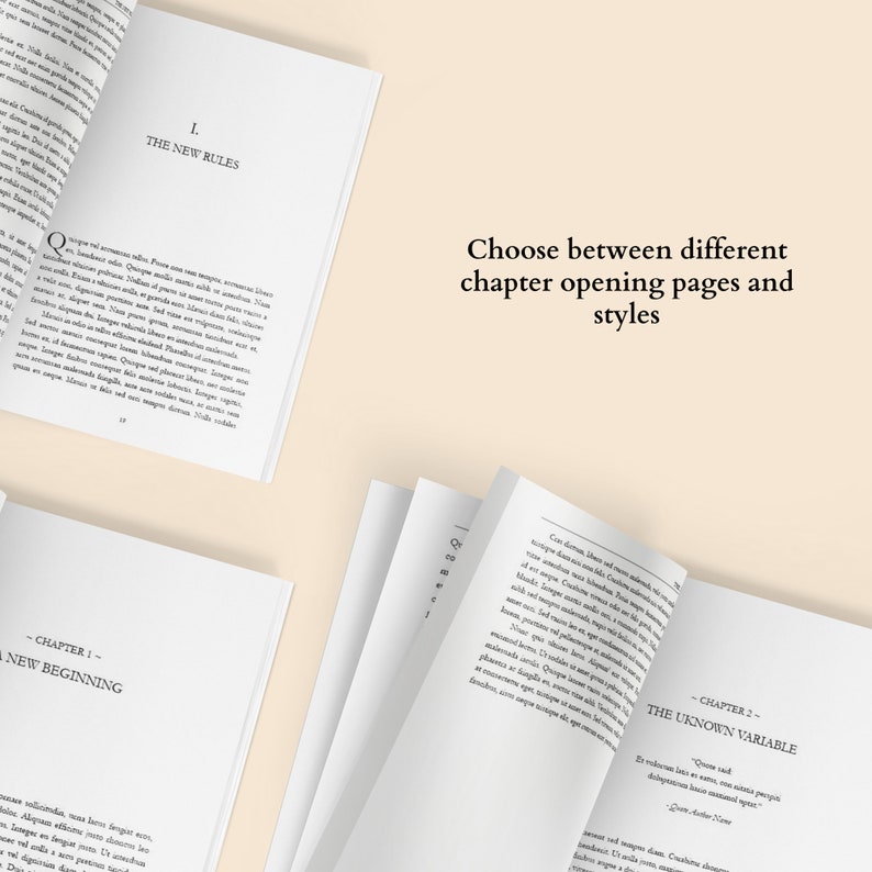 May include: A close-up of a book with the title "The New Rules" on the cover. The book is open to a page with the text "Choose between different chapter opening pages and styles".