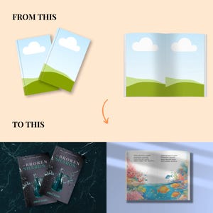 May include: Two book covers with a blue sky and green hills background. The book title is "The Broken Shards" with the author's name below. The covers are shown next to a book with a blue ocean, coral reef, and fish illustration.