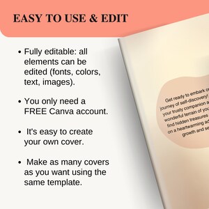 May include: A pink and white graphic with the text "EASY TO USE & EDIT" in black. The graphic lists four bullet points describing the features of a Canva template: fully editable, free Canva account, easy to create your own cover, and make as many covers as you want using the same template.