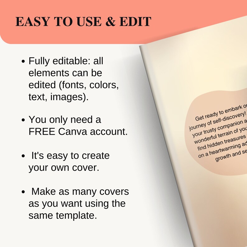 May include: A pink and white graphic with the text "EASY TO USE & EDIT" in black. The graphic lists four bullet points describing the features of a Canva template: fully editable, free Canva account, easy to create your own cover, and make as many covers as you want using the same template.