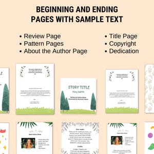 Puede incluir: Una colecci&oacute;n de p&aacute;ginas de libros con texto de muestra, incluyendo una p&aacute;gina de t&iacute;tulo, copyright y dedicatoria. Las p&aacute;ginas presentan un dise&ntilde;o verde y blanco con texto como "Story Title" y "About the Author Page."