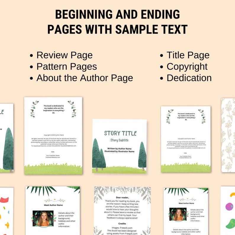 Puede incluir: Una colecci&oacute;n de p&aacute;ginas de libros con texto de muestra, incluyendo una p&aacute;gina de t&iacute;tulo, copyright y dedicatoria. Las p&aacute;ginas presentan un dise&ntilde;o verde y blanco con texto como "Story Title" y "About the Author Page."
