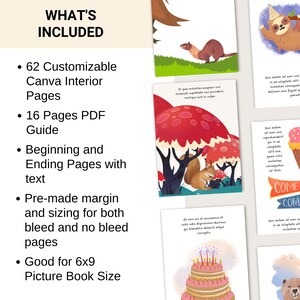 May include: A digital download for a 6x9 picture book with 62 customizable Canva interior pages, 16 pages of PDF guide, beginning and ending pages with text, and pre-made margins and sizing for both bleed and no bleed pages.