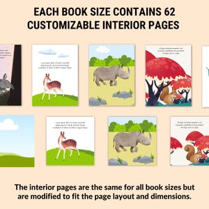 Puede incluir: Una exhibici&oacute;n de p&aacute;ginas de libros ilustradas con temas de animales y naturaleza. El texto dice: "CADA TAMA&Ntilde;O DE LIBRO CONTIENE 62 P&Aacute;GINAS INTERIORES PERSONALIZABLES". Las p&aacute;ginas interiores son iguales para todos los tama&ntilde;os de libro.
