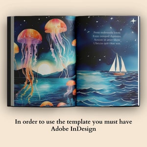 May include: An open book with a dark blue cover and a watercolour illustration of jellyfish and a sailboat on the sea. The text on the right page reads: "Proin malesuada lorem Enim euismod dignissim. Aenean sit amet libero Ultricies quis vitae sem."