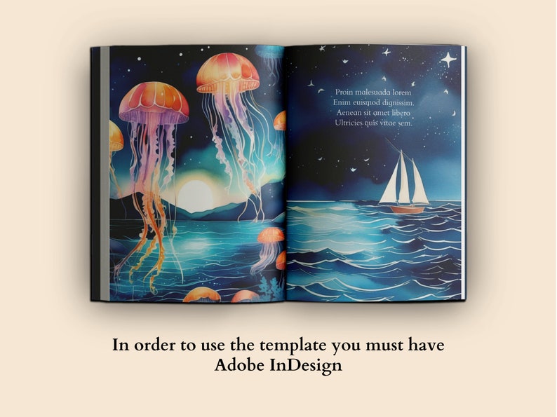 May include: An open book with a dark blue cover and a watercolour illustration of jellyfish and a sailboat on the sea. The text on the right page reads: "Proin malesuada lorem Enim euismod dignissim. Aenean sit amet libero Ultricies quis vitae sem."