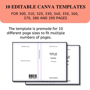 May include: A Canva template for creating book covers. The template is premade for 10 different page sizes to fit multiple numbers of pages. The template includes a front cover, back cover, and spine. The text on the template reads "TITLE", "Subtitle", "300 pages", and "Author Name".