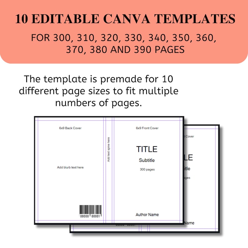 May include: A Canva template for creating book covers. The template is premade for 10 different page sizes to fit multiple numbers of pages. The template includes a front cover, back cover, and spine. The text on the template reads "TITLE", "Subtitle", "300 pages", and "Author Name".