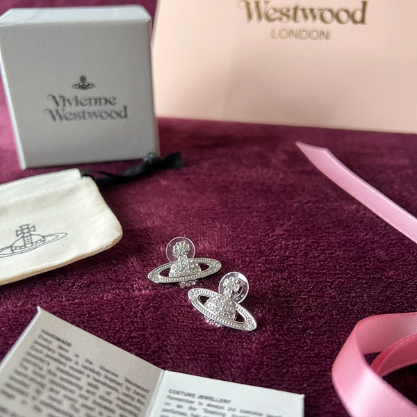 Vivienne Westwood Art Deco Style Silver Saturn Orb Stud earrings, gift box for her, daughter, gift for her, present, Mom gift, friend gift