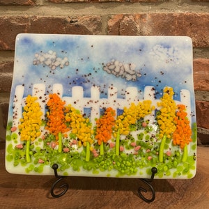 Fence with flowers, fused glass art