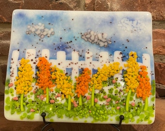 Fence with flowers, fused glass art