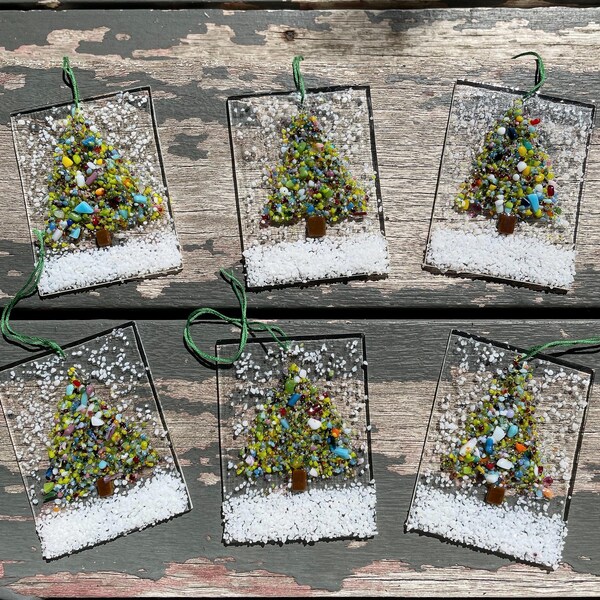 Scrappy trees, fused glass Christmas ornament