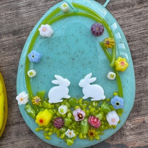Sugar eggs, fused glass Easter eggs with bunnies