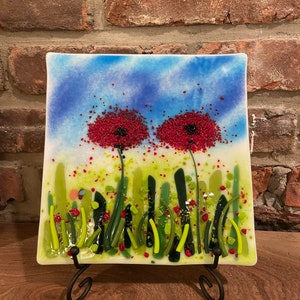 red poppy panel (double), fused glass art