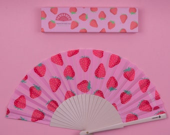 Hand held wooden folding fan - Go Strawberries - Fandango - Attention seeking fun fashion accessory, birthday gift for her