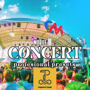 Puede incluir: Una vibrante escena de concierto al aire libre bajo un cielo azul brillante. La imagen presenta un escenario con iluminación, una gran multitud y el texto "MOBILE CONCERT" y "professional presets". El tema general es la música y el entretenimiento.