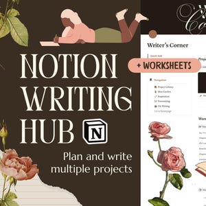 Puede incluir: Interfaz de planificador digital con el texto "Notion Writing Hub" y "Planifica y escribe múltiples proyectos". La imagen presenta un escritor, acentos florales y una sección "Writer's Corner" con seguimiento de proyectos y recuento de palabras.