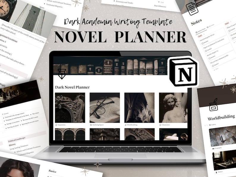 Photo of a laptop with a Notion page open. Text above reads "Dark Academia Writing Template: Novel Planner".