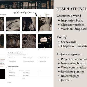 K&ouml;nnte beinhalten: Ein digitaler Planer mit dem Titel "Dark Novel Planner" mit einer Schnellnavigationsleiste. Die Vorlage enth&auml;lt Abschnitte f&uuml;r Charaktere, Worldbuilding, Plotting und Projektmanagement. Der Planer verf&uuml;gt &uuml;ber ein Inspiration Board und einen Wortz&auml;hlz&auml;hler.