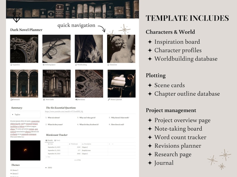 K&ouml;nnte beinhalten: Ein digitaler Planer mit dem Titel "Dark Novel Planner" mit einer Schnellnavigationsleiste. Die Vorlage enth&auml;lt Abschnitte f&uuml;r Charaktere, Worldbuilding, Plotting und Projektmanagement. Der Planer verf&uuml;gt &uuml;ber ein Inspiration Board und einen Wortz&auml;hlz&auml;hler.
