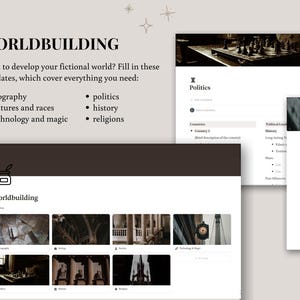 K&ouml;nnte beinhalten: Digitale Vorlage f&uuml;r Worldbuilding mit Abschnitten zu Geografie, Kulturen, Politik, Geschichte und Technologie. Das Bild zeigt den Titel "WORLDBUILDING" und eine Liste von Themen zur Entwicklung einer fiktiven Welt. Das Design ist in neutralen T&ouml;nen gehalten.