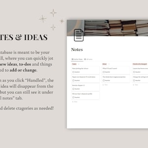 K&ouml;nnte beinhalten: Digitales Planer-Interface mit dem Titel "Notes & Ideas". Das Interface enth&auml;lt Abschnitte f&uuml;r Aufgaben, Ideen und zu &auml;ndernde Dinge. Der Text erkl&auml;rt, dass die Datenbank zum Notieren neuer Ideen und Aufgaben dient.