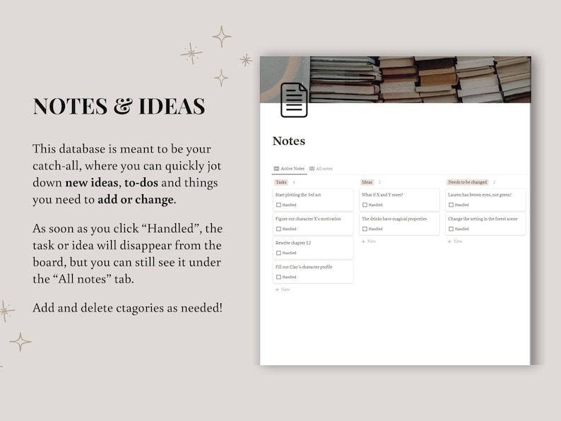 K&ouml;nnte beinhalten: Digitales Planer-Interface mit dem Titel "Notes & Ideas". Das Interface enth&auml;lt Abschnitte f&uuml;r Aufgaben, Ideen und zu &auml;ndernde Dinge. Der Text erkl&auml;rt, dass die Datenbank zum Notieren neuer Ideen und Aufgaben dient.