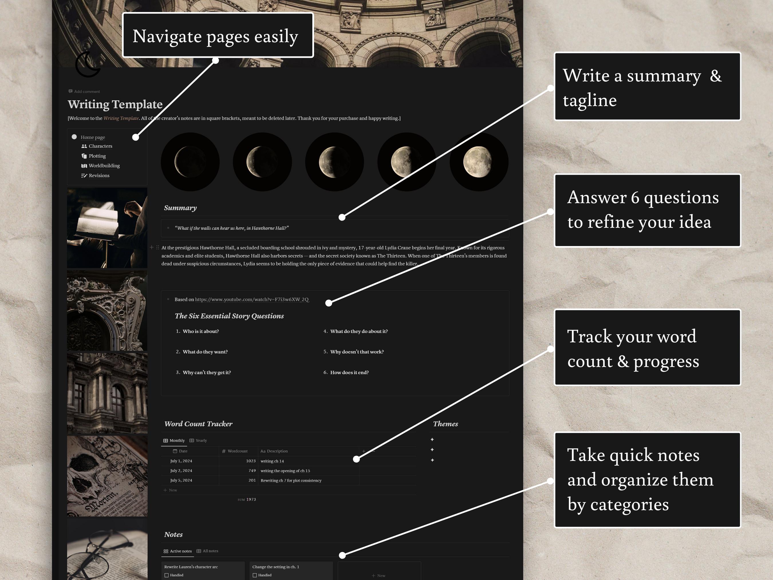 Dark Academia Novel Writing Notion Template: Book Planner, Nanowrimo ...