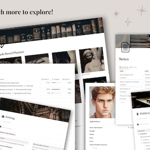 K&ouml;nnte beinhalten: Ein digitaler Planer mit dem Titel "Dark Novel Planner" mit verschiedenen angezeigten Seiten, darunter Notizen, Charakteraussehen und Umgebungsinformationen. Die Seiten enthalten Text und Bilder mit einer Dark-Academia-&Auml;sthetik. Der Satz "Much more to explore!" steht oben.