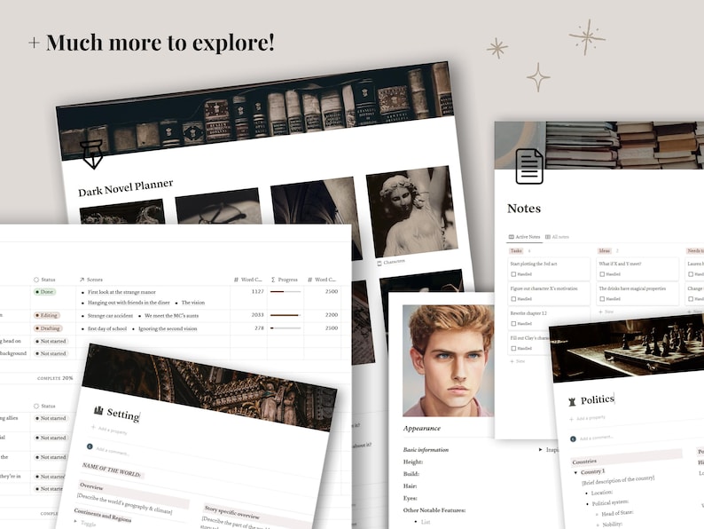 K&ouml;nnte beinhalten: Ein digitaler Planer mit dem Titel "Dark Novel Planner" mit verschiedenen angezeigten Seiten, darunter Notizen, Charakteraussehen und Umgebungsinformationen. Die Seiten enthalten Text und Bilder mit einer Dark-Academia-&Auml;sthetik. Der Satz "Much more to explore!" steht oben.