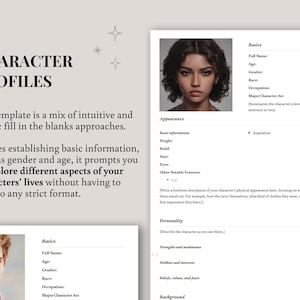 K&ouml;nnte beinhalten: Eine Charakterprofilvorlage mit dem Titel &bdquo;CHARAKTERPROFILE&ldquo;. Sie enth&auml;lt Abschnitte f&uuml;r grundlegende Informationen, Aussehen, Pers&ouml;nlichkeit und Hintergrund. Das Bild zeigt ein Portr&auml;t einer Person mit dunklem Haar.