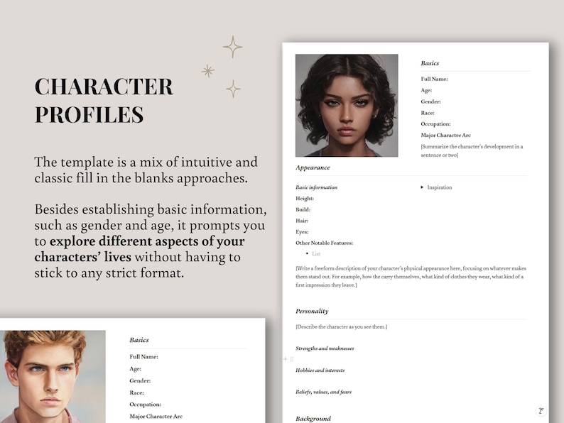 K&ouml;nnte beinhalten: Eine Charakterprofilvorlage mit dem Titel &bdquo;CHARAKTERPROFILE&ldquo;. Sie enth&auml;lt Abschnitte f&uuml;r grundlegende Informationen, Aussehen, Pers&ouml;nlichkeit und Hintergrund. Das Bild zeigt ein Portr&auml;t einer Person mit dunklem Haar.