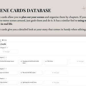 K&ouml;nnte beinhalten: Eine digitale Oberfl&auml;che f&uuml;r eine Szenenkarten-Datenbank mit dem Titel "SCENE CARDS DATABASE". Die Oberfl&auml;che zeigt ein Board mit Szenenkarten, die nach Kapiteln organisiert sind, sodass Benutzer Szenen f&uuml;r Schreibprojekte planen und strukturieren k&ouml;nnen.