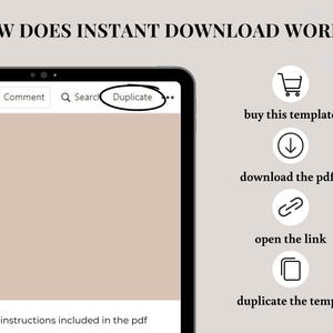 K&ouml;nnte beinhalten: Grafik, die den Sofort-Download-Prozess veranschaulicht. Die Schritte sind: Vorlage kaufen, PDF herunterladen, Link &ouml;ffnen und Vorlage duplizieren. Der Text "HOW DOES INSTANT DOWNLOAD WORK?" steht oben. Anweisungen sind im PDF enthalten.