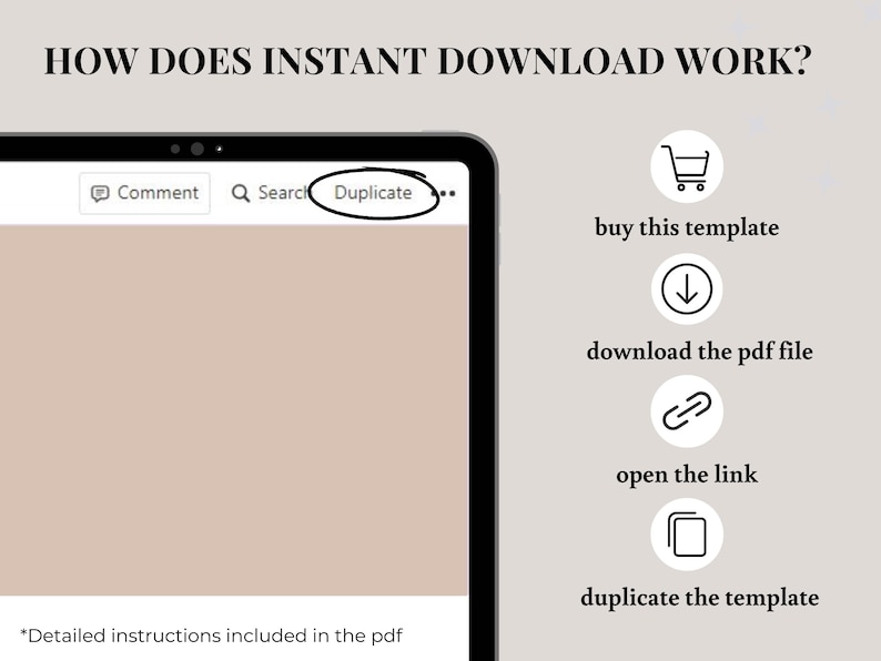 K&ouml;nnte beinhalten: Grafik, die den Sofort-Download-Prozess veranschaulicht. Die Schritte sind: Vorlage kaufen, PDF herunterladen, Link &ouml;ffnen und Vorlage duplizieren. Der Text "HOW DOES INSTANT DOWNLOAD WORK?" steht oben. Anweisungen sind im PDF enthalten.