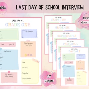 Last Day of School Interview Printable,Last Day of School Questionnaire,Back to School Interview,All About Me Girl,Pastel School Interview