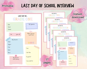 Last Day of School Interview Printable,Last Day of School Questionnaire,Back to School Interview,All About Me Girl,Pastel School Interview