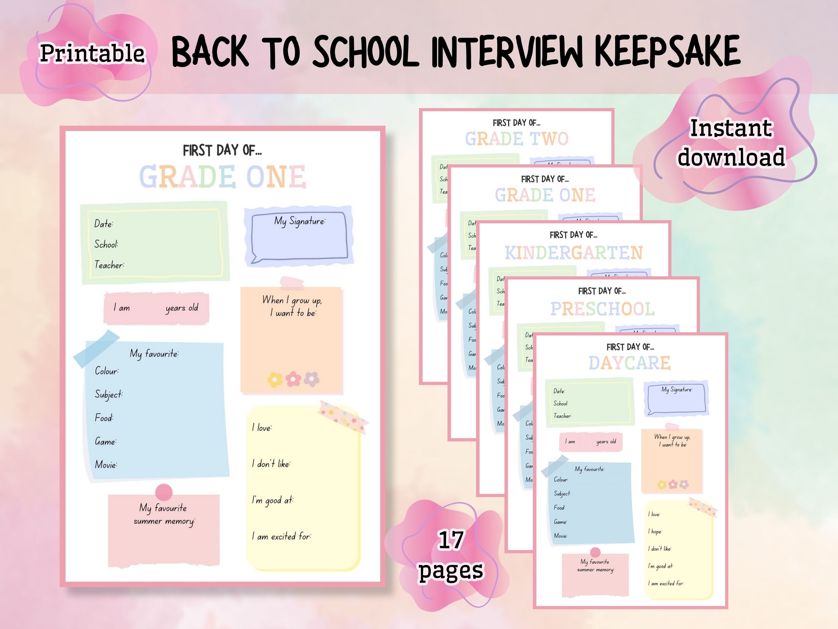 First Day of School Interview Printable,First Day of School Questionnaire,Back to School Interview,All About Me Girl,Pastel School Interview