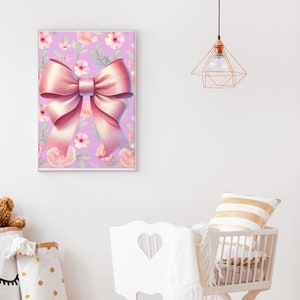 Pink Coquette Bow Wall Art, Bow Nursery Art,  Pink Bow Print,  Girl Nurser, Baby Girl Room, Digital Download,  Soft Muted , Watercolor