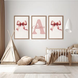 Custom Pink Bow, Pink Coquette Bow Wall Art, Bow Nursery Art,  Pink Bow Print,  Girl Nursery, Baby Girl Room, set of 3,  Soft Muted