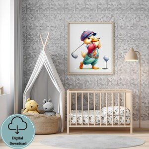 Arte per la cameretta dei bambini con anatra che gioca a golf, decorazioni a tema golf, stampe per la cameretta dei bambini con golf, decorazioni murali per la cameretta dei bambini con golf, decorazioni per la cameretta dei ragazzi, arte sportiva per la cameretta dei bambini