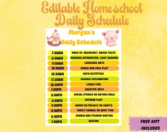 Homeschool Daily Schedule, yellow gender neutral,  Farm animal theme, Kids Daily Schedule Template, Responsibility Chart, Chore Chart