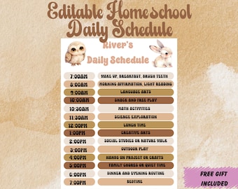 Homeschool Daily Schedule, Brown gender neutral, Woodland animal theme, Kids Daily Schedule Template, Responsibility Chart, Chore Chart